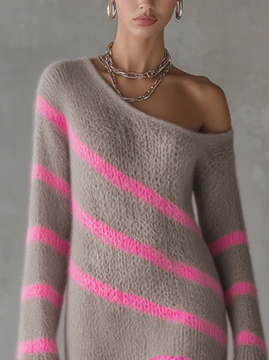 Gray And Pink Fuzzy Knit Sweater Dress With Lace Trim