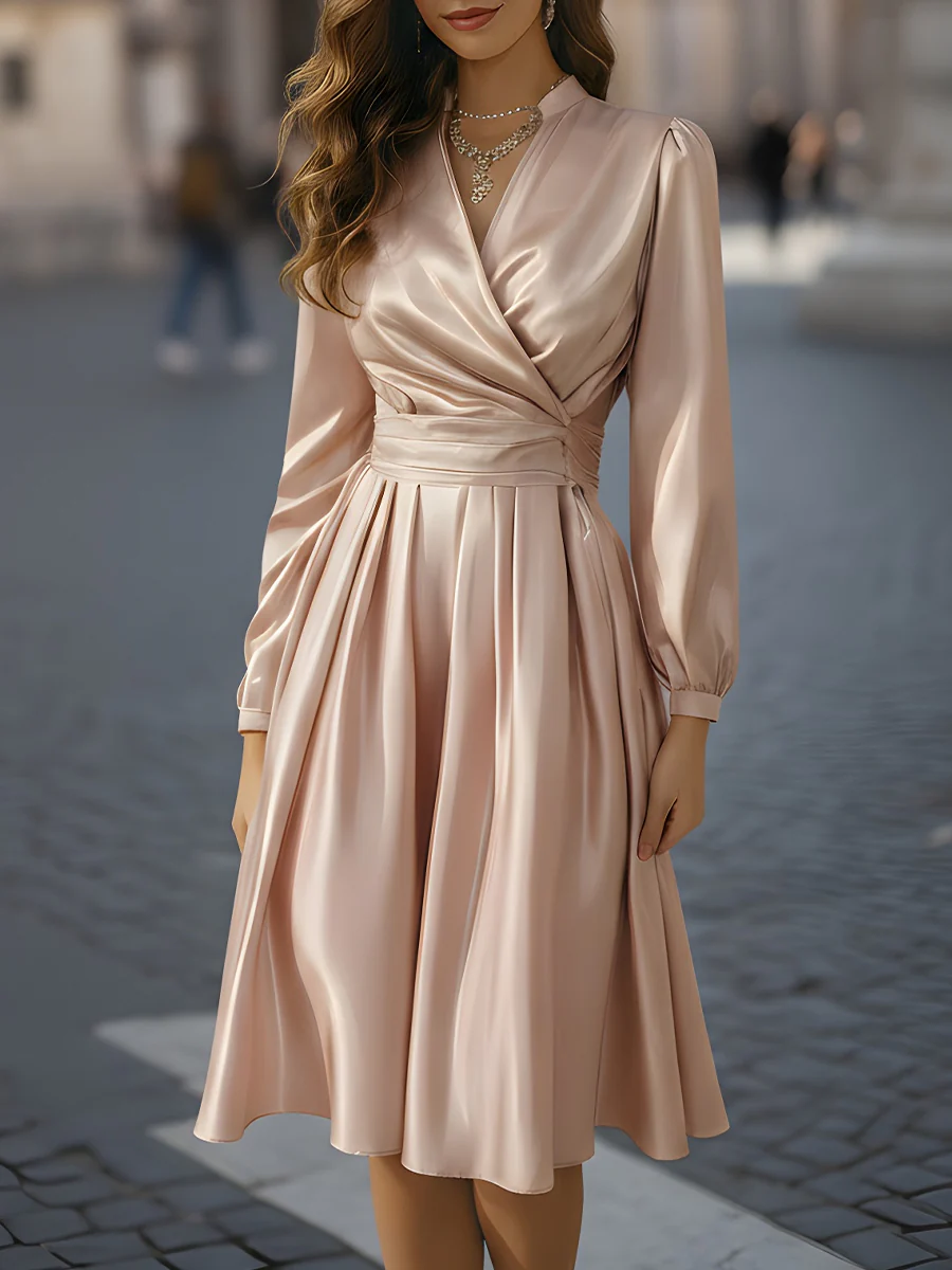 Blush Satin Wrap Dress With Pleated Skirt