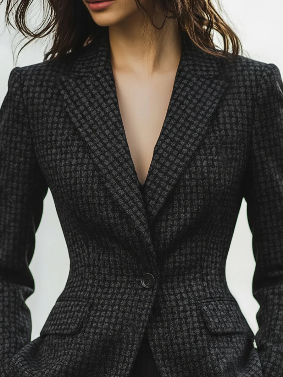 Notched Lapels Checkered Woven Blazer