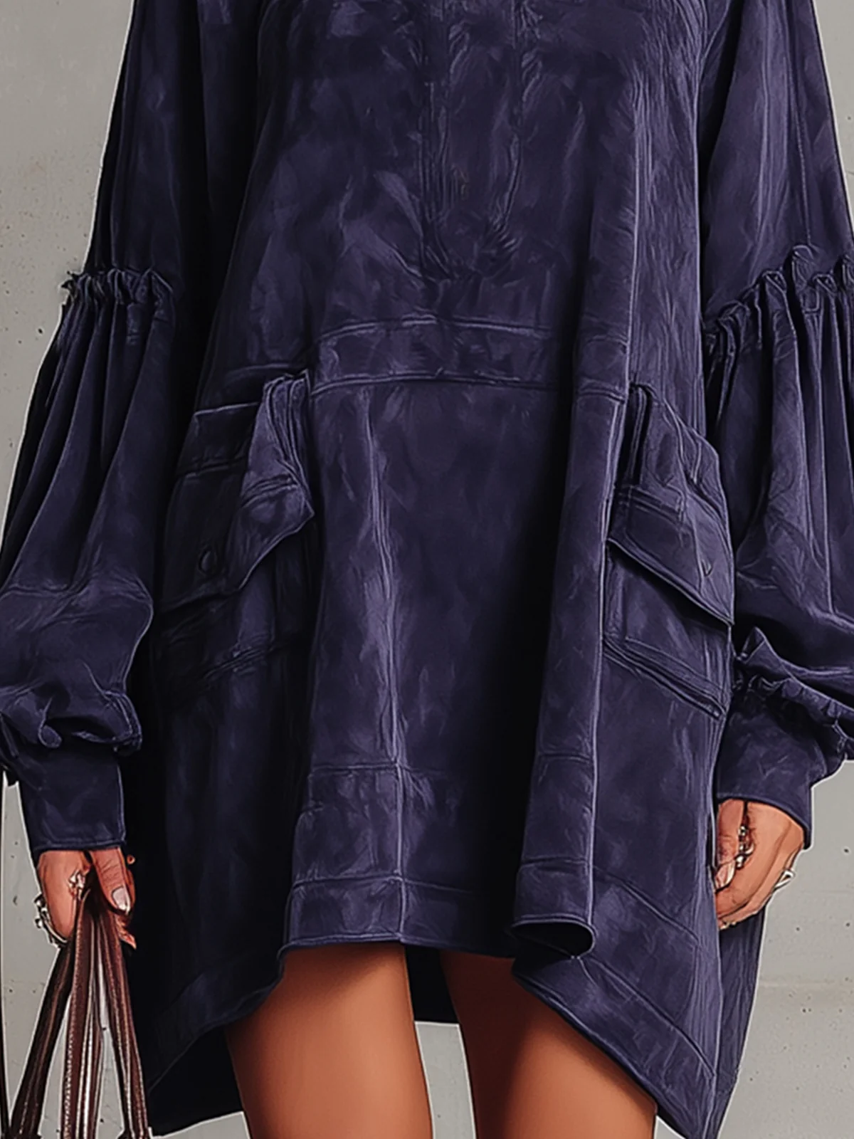 Blue Faux Suede Zip-Neck Tunic Dress With Utility Pockets