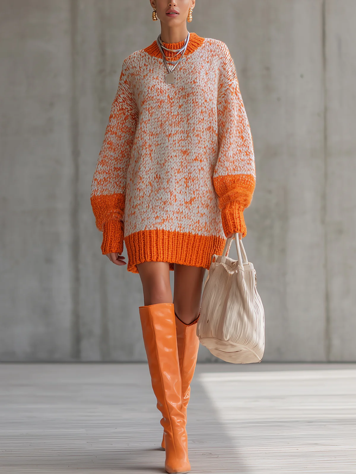 Orange And Cream Chunky Knit Oversized Sweater Dress