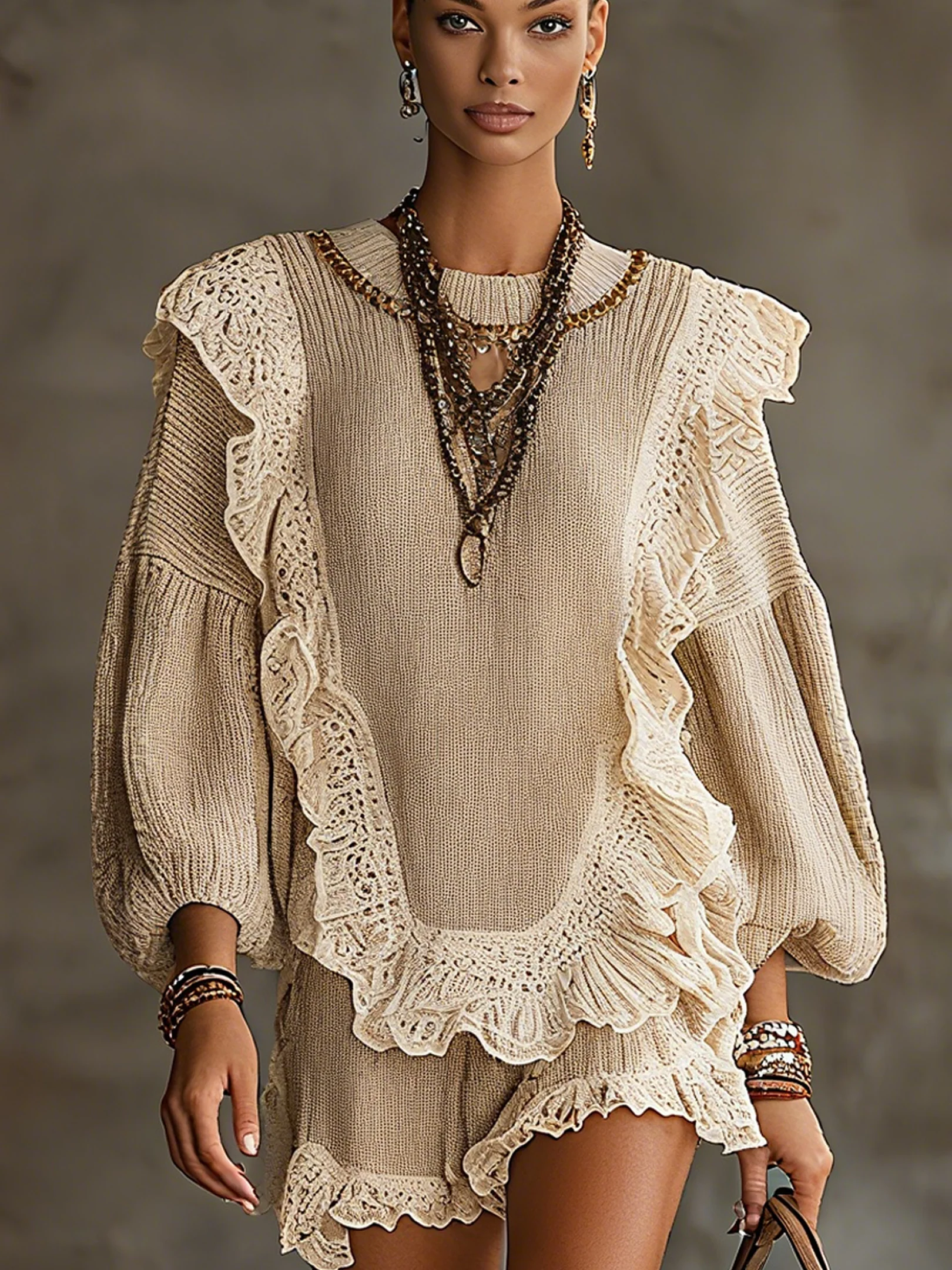 Beige Ruffled Knit Lace Long Sleeve Mini Dress