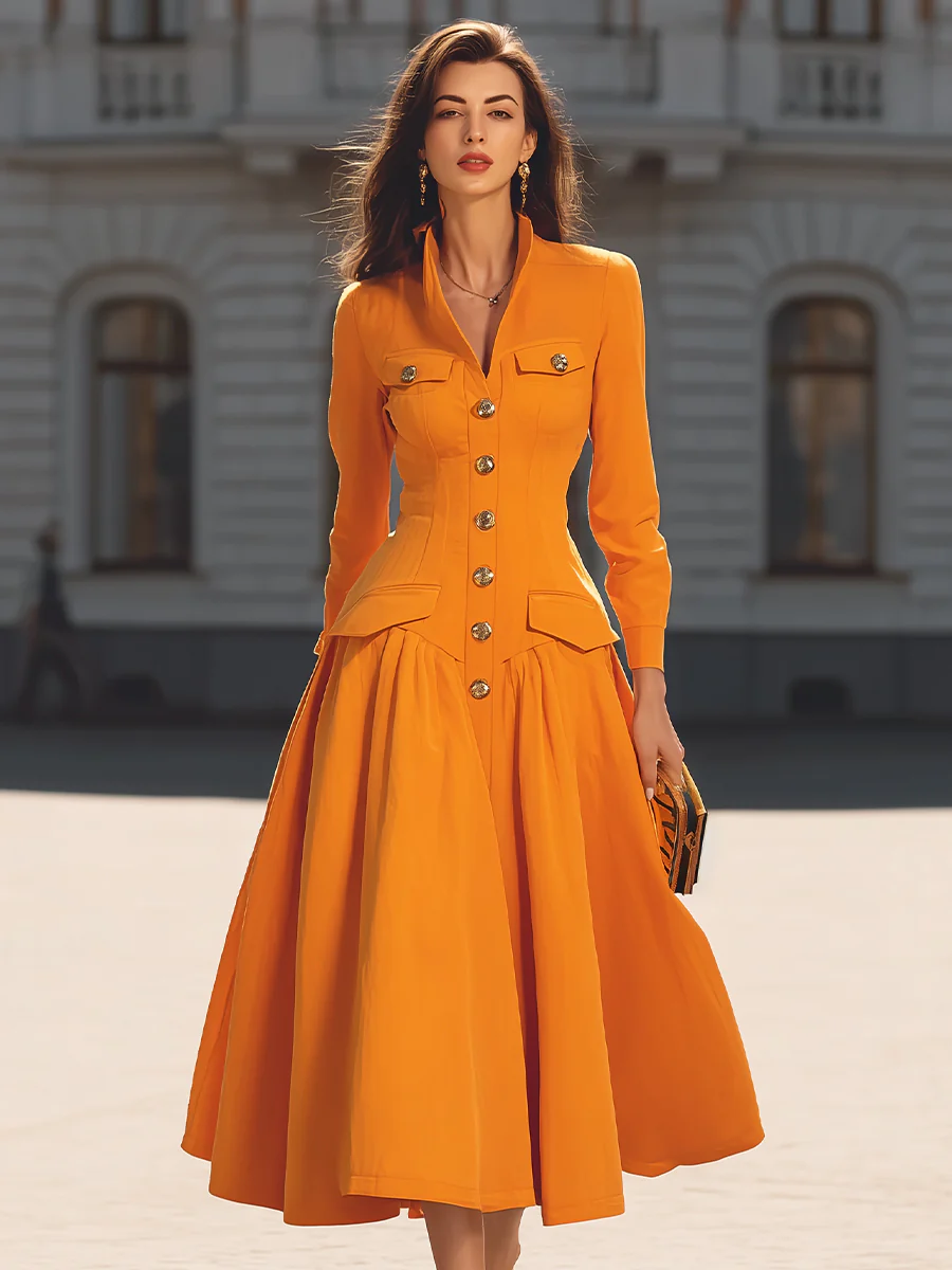 Elegant Tailored Midi Dress With Button Detail