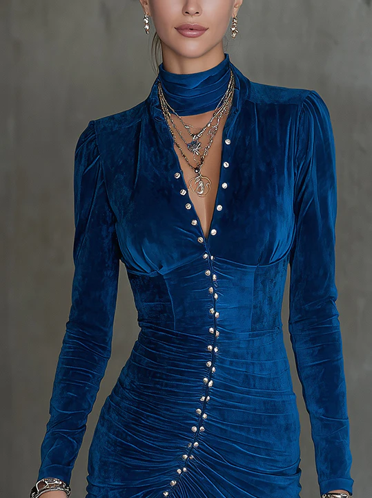 Royal Blue Velvet Ruched Mini Dress With Button Detailing And Front Slit