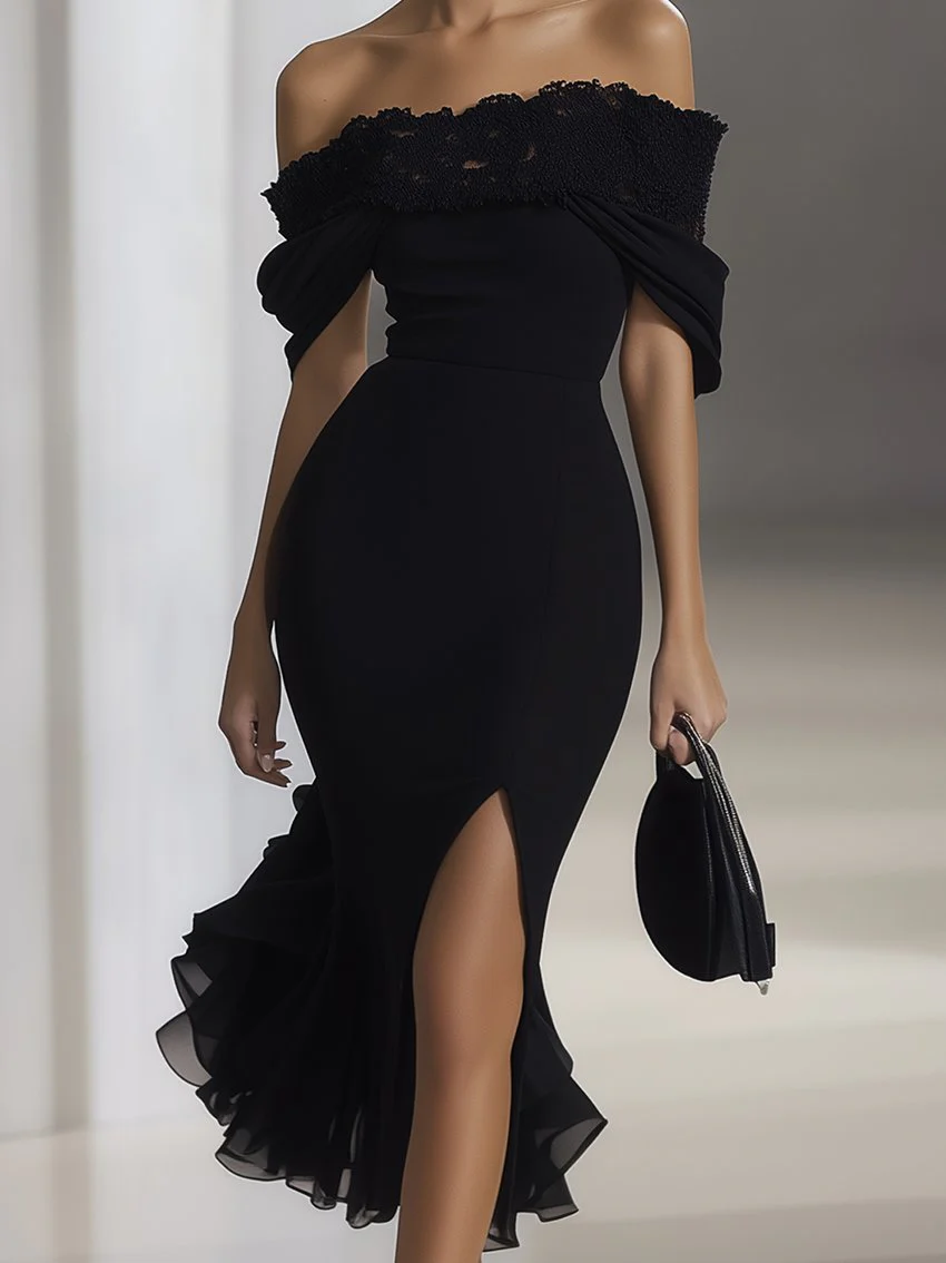 24-Hour-Shipping Off Shoulder Black Chiffon Dress With Lace