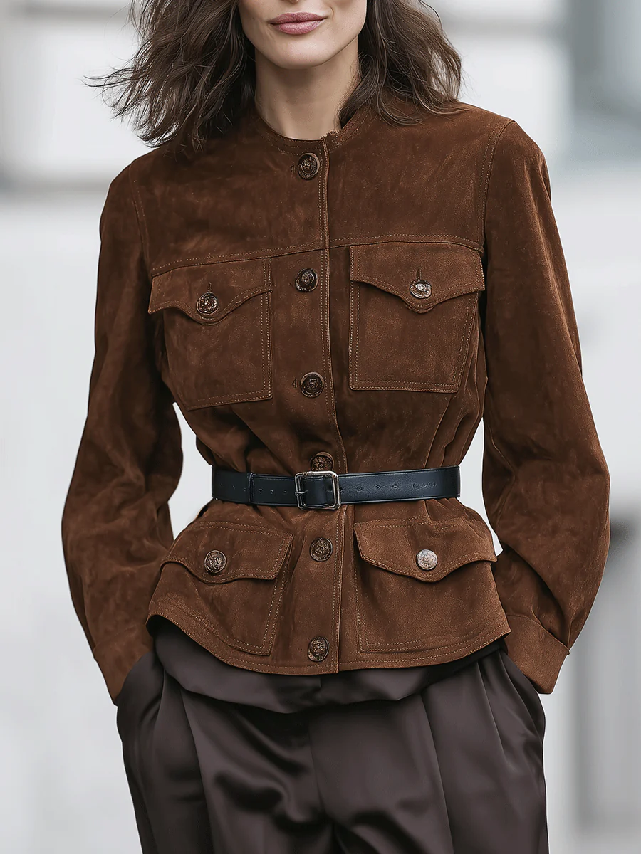 Brown Belted Faux Suede Jacket With Button Details