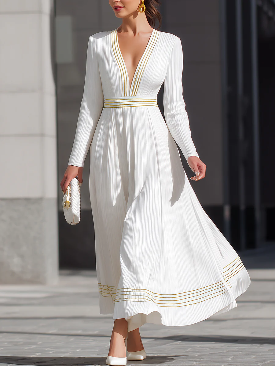 White Pleated Dress With Yellow Stripes And V-Neckline