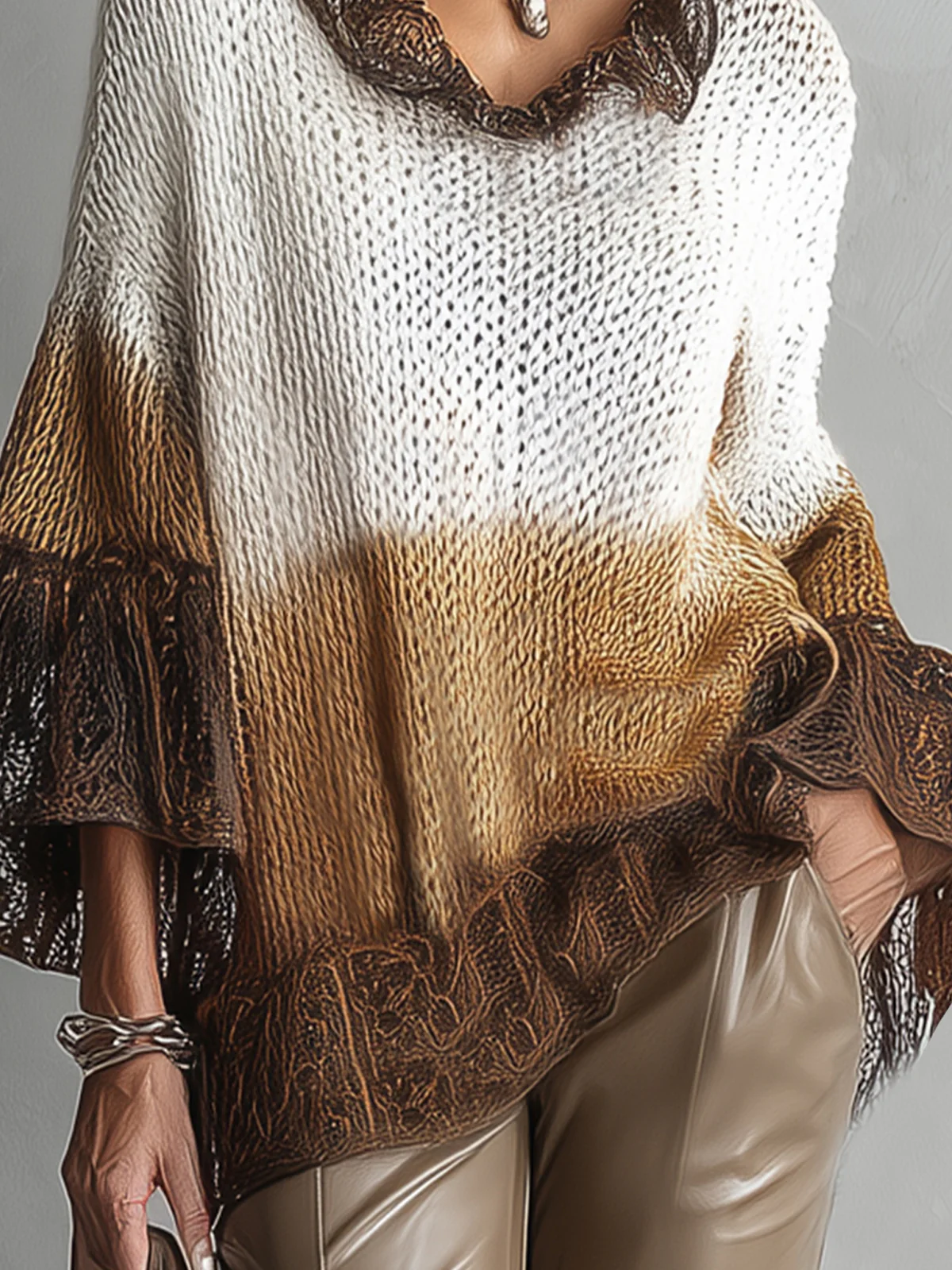Brown Ruffled Knit Pullover With Flared Lace Sleeves