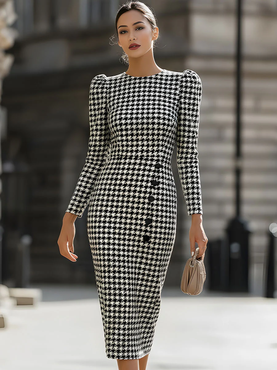 Mooyius Retro-Chic Houndstooth Midi Dress With Puff Shoulders