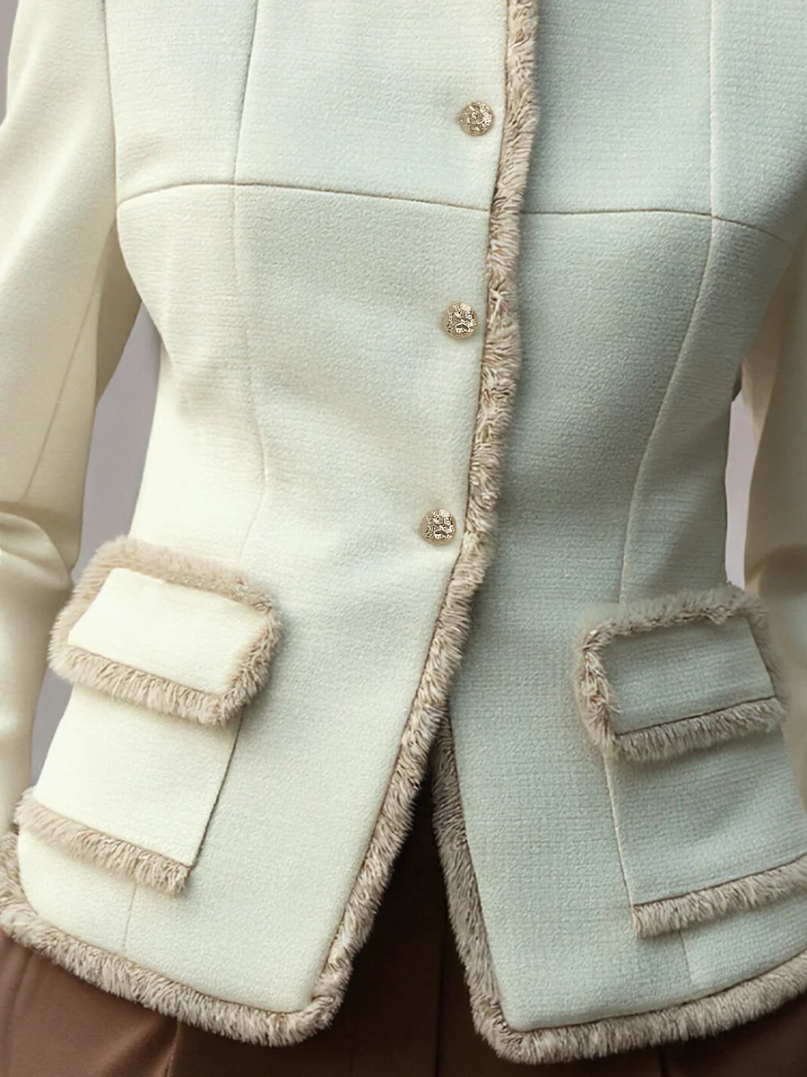 Elegant Cream Textured Blazer With Decorative Trim