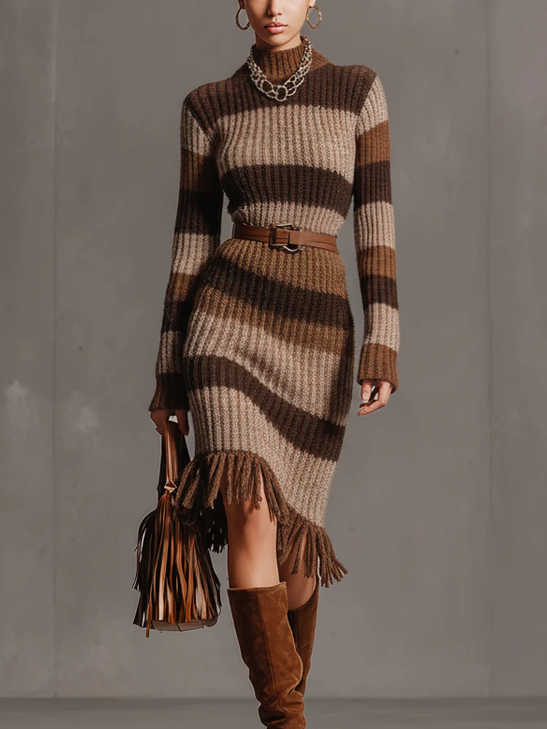 Brown Striped Knit Turtleneck Long Sleeve Midi Dress