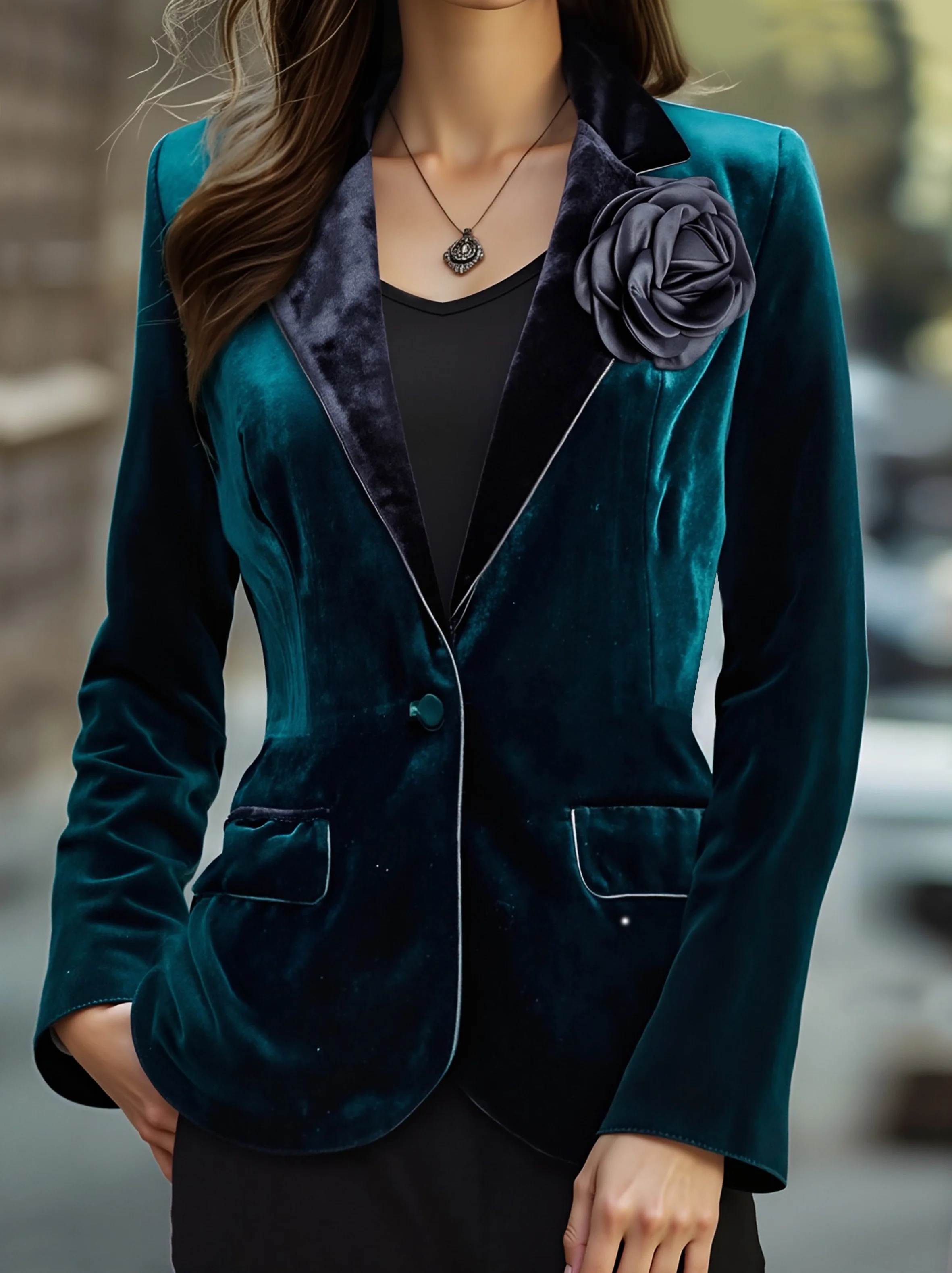 Emerald Velvet Blazer with Satin Lapels and Rose Embroidery