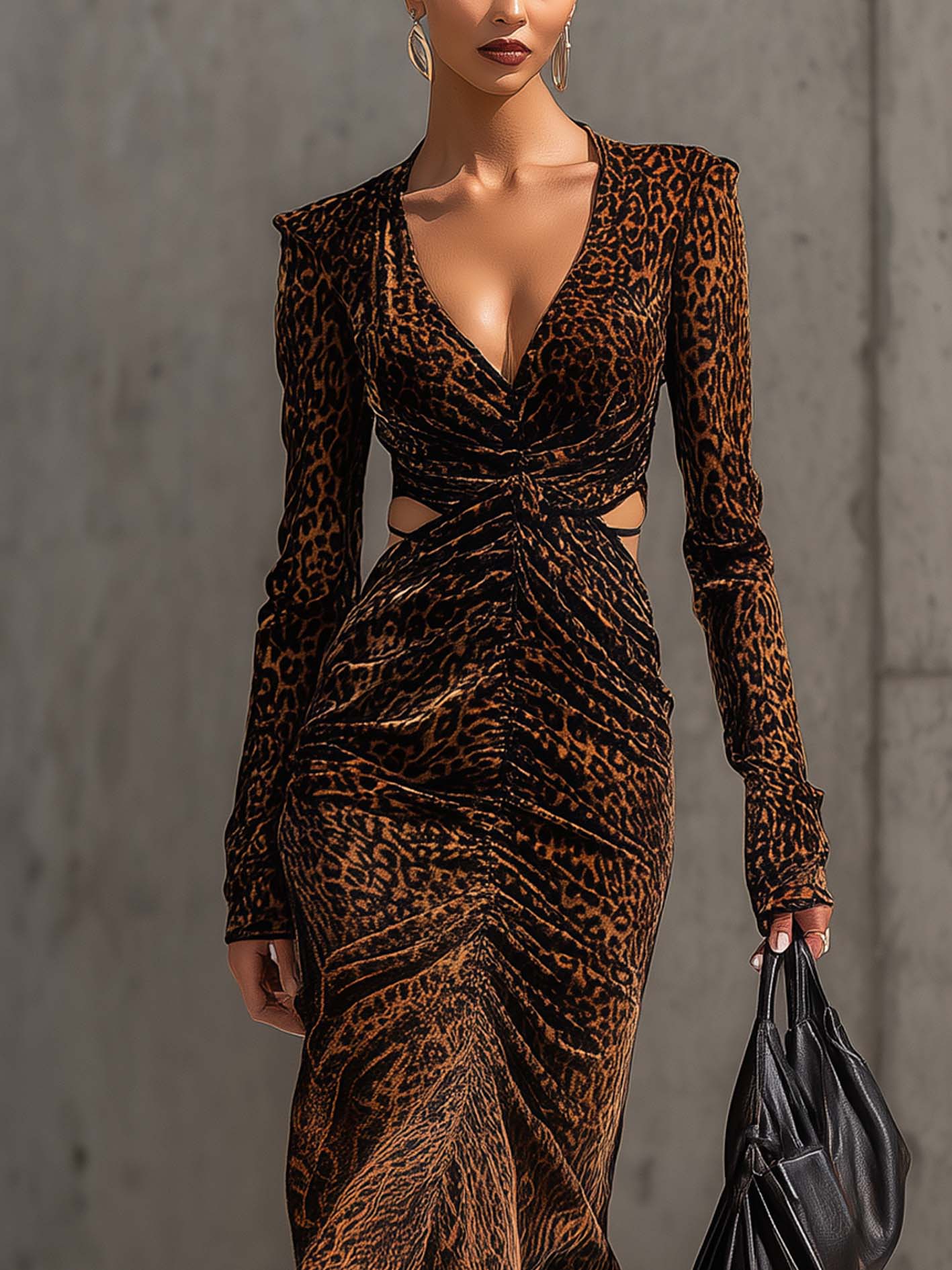 Leopard Velvet Cutout Ruched Bodycon Dress