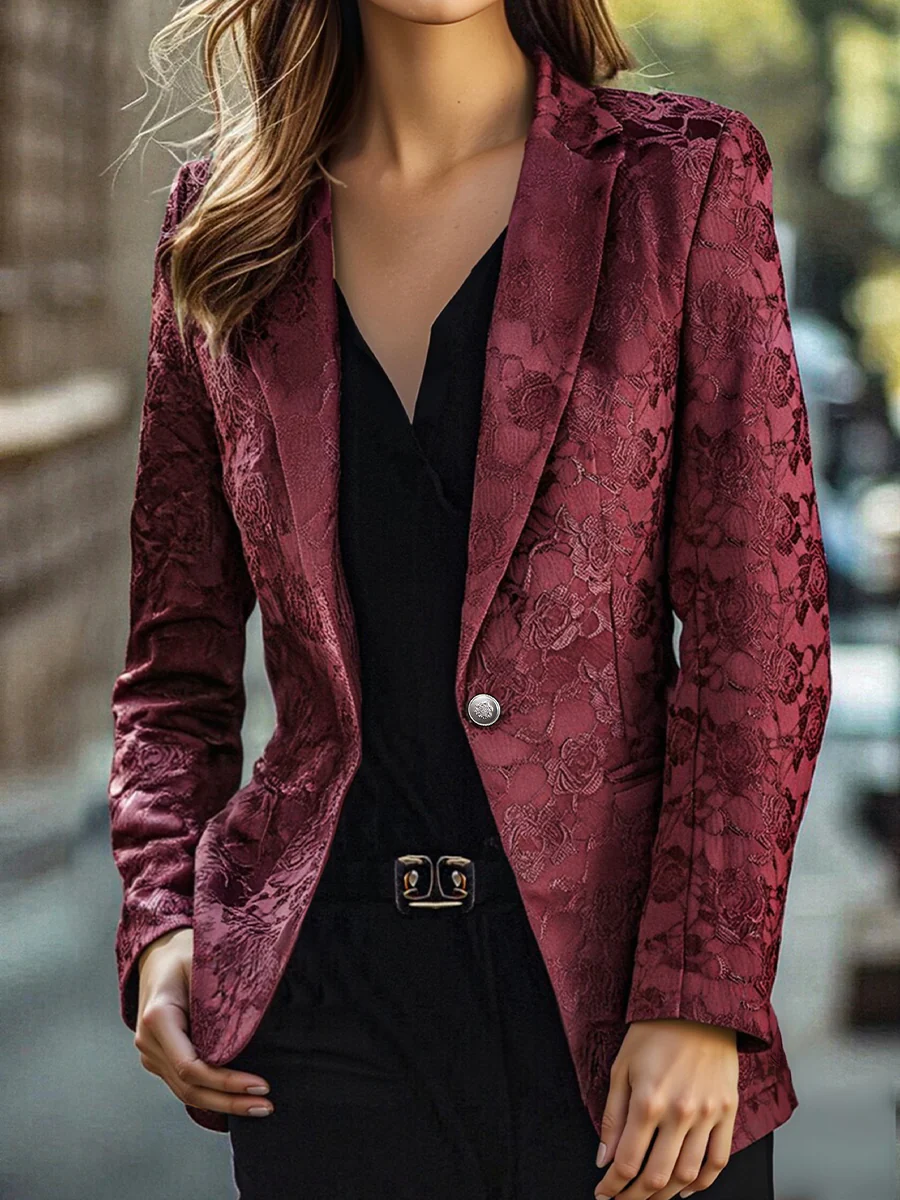 Burgundy Floral Jacquard Single-Breasted Blazer