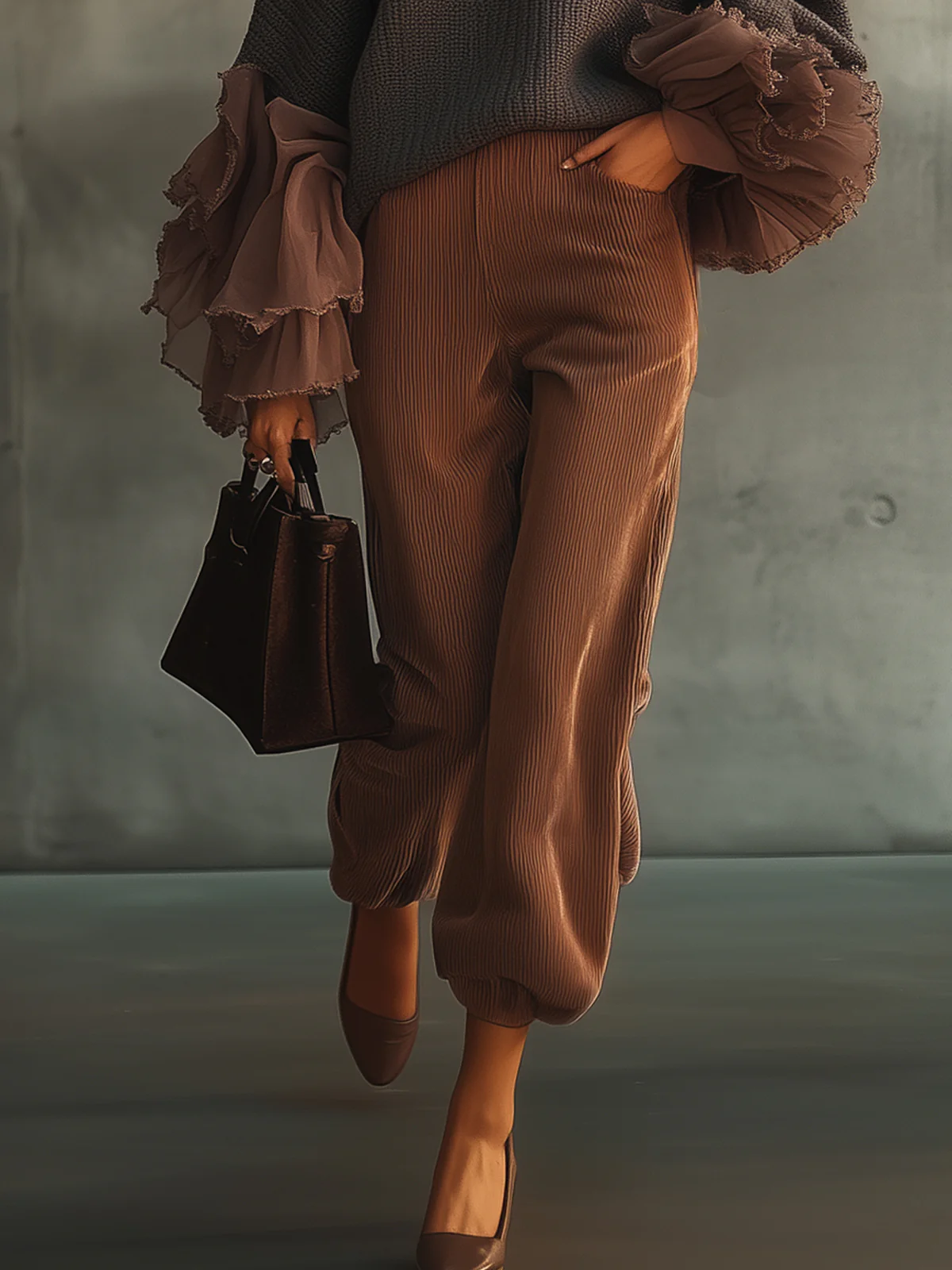 Ruffle Sleeve Turtleneck Sweater And Corduroy Trousers Set