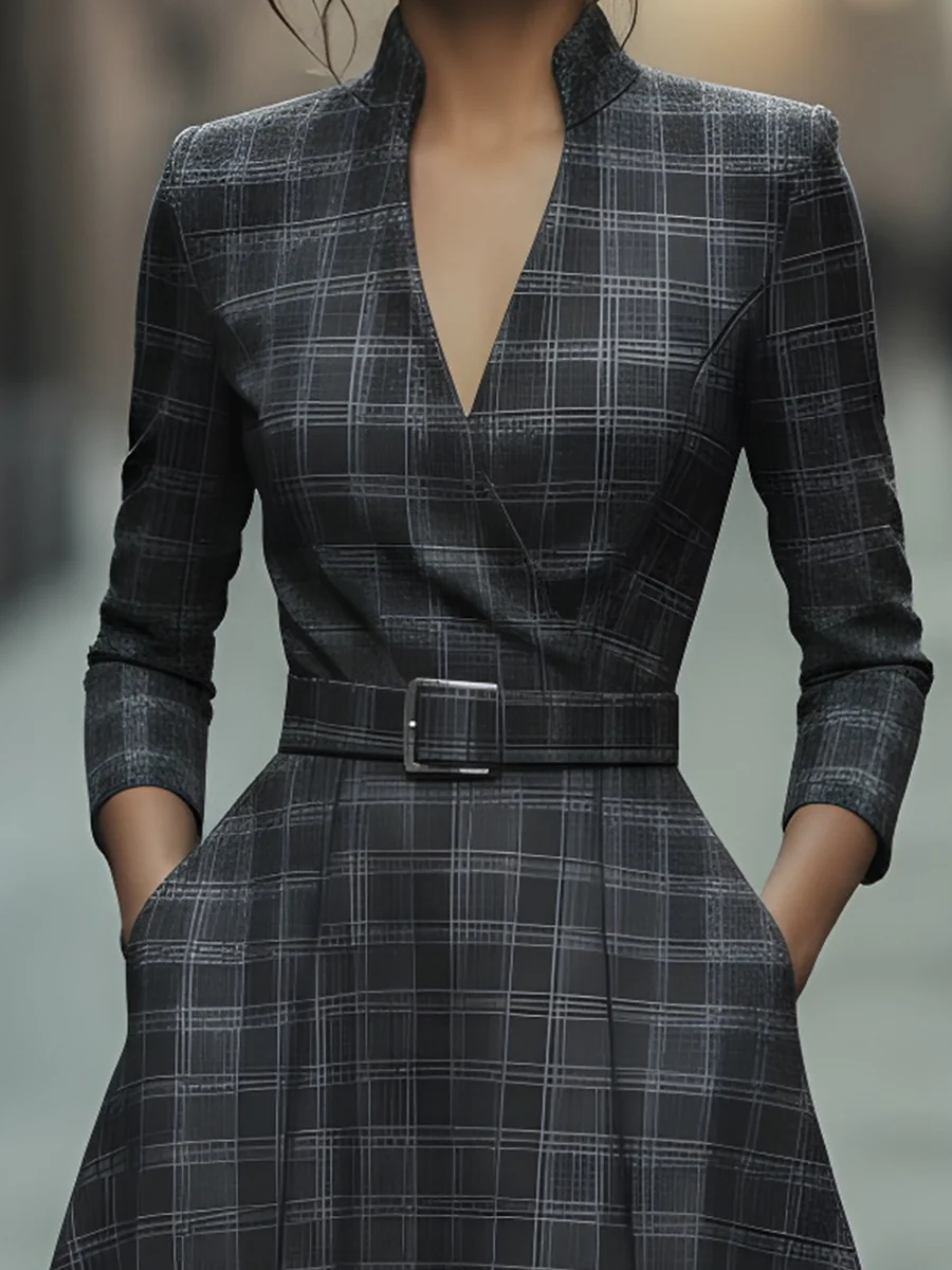 Plaid Check Belted Dress With V-Neckline