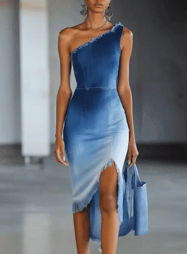 24-Hour-Shipping One Shoulder With Irregular Bottom Denim Midi Dress