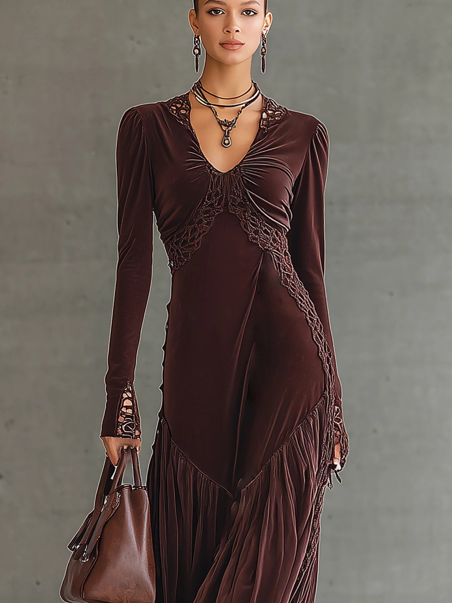 Burgundy Velvet Mesh Paneled Long Sleeve Maxi Dress