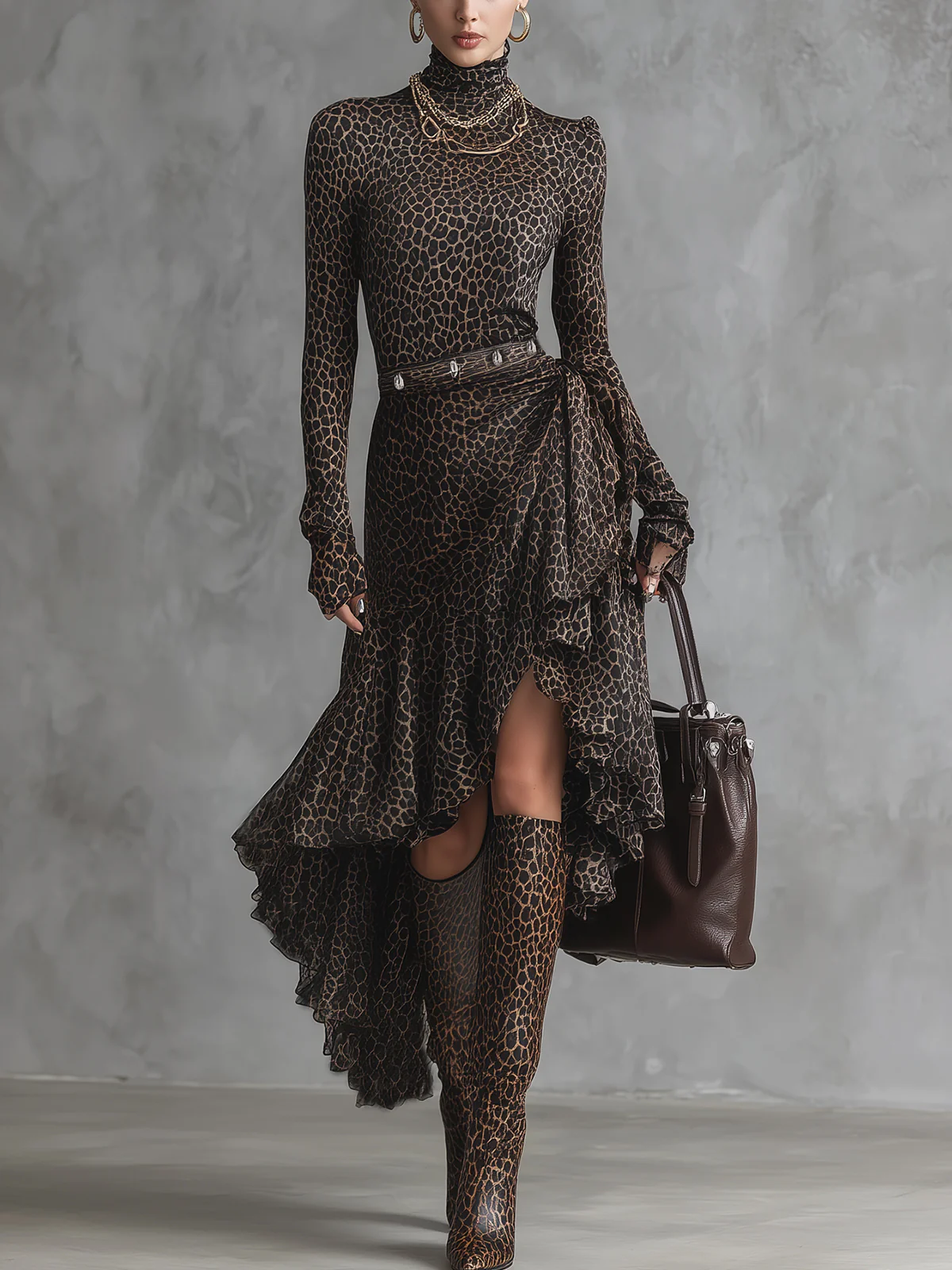 Brown Leopard Print High-Neck Ruffled Dress With Belt Detail