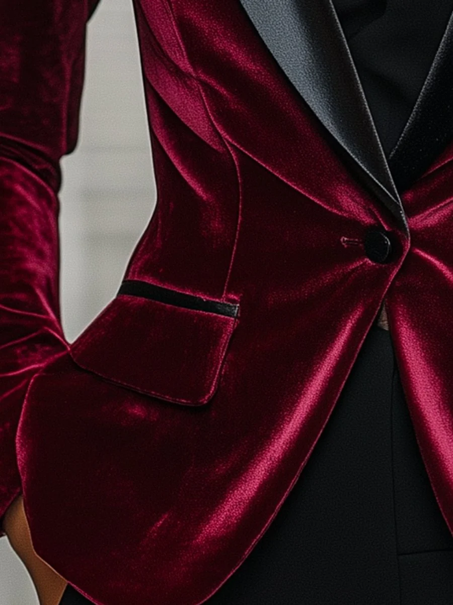Burgundy Velvet Blazer with Satin Lapels and Black Rose Detail