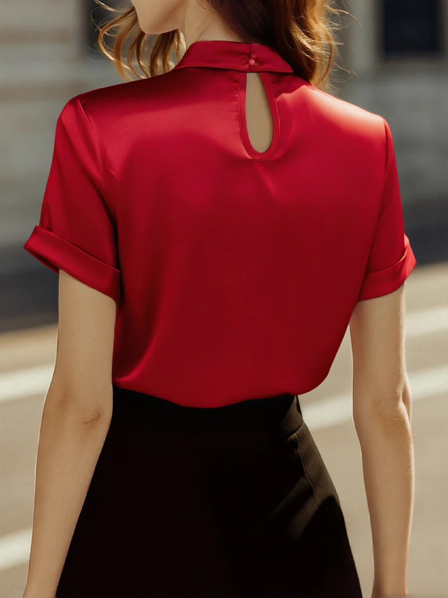 Sophisticated White Satin Blouse with Modern Keyhole Neckline