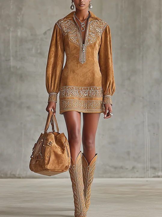 Camel Faux Suede Mini Dress With Embroidered Details And Zip Front