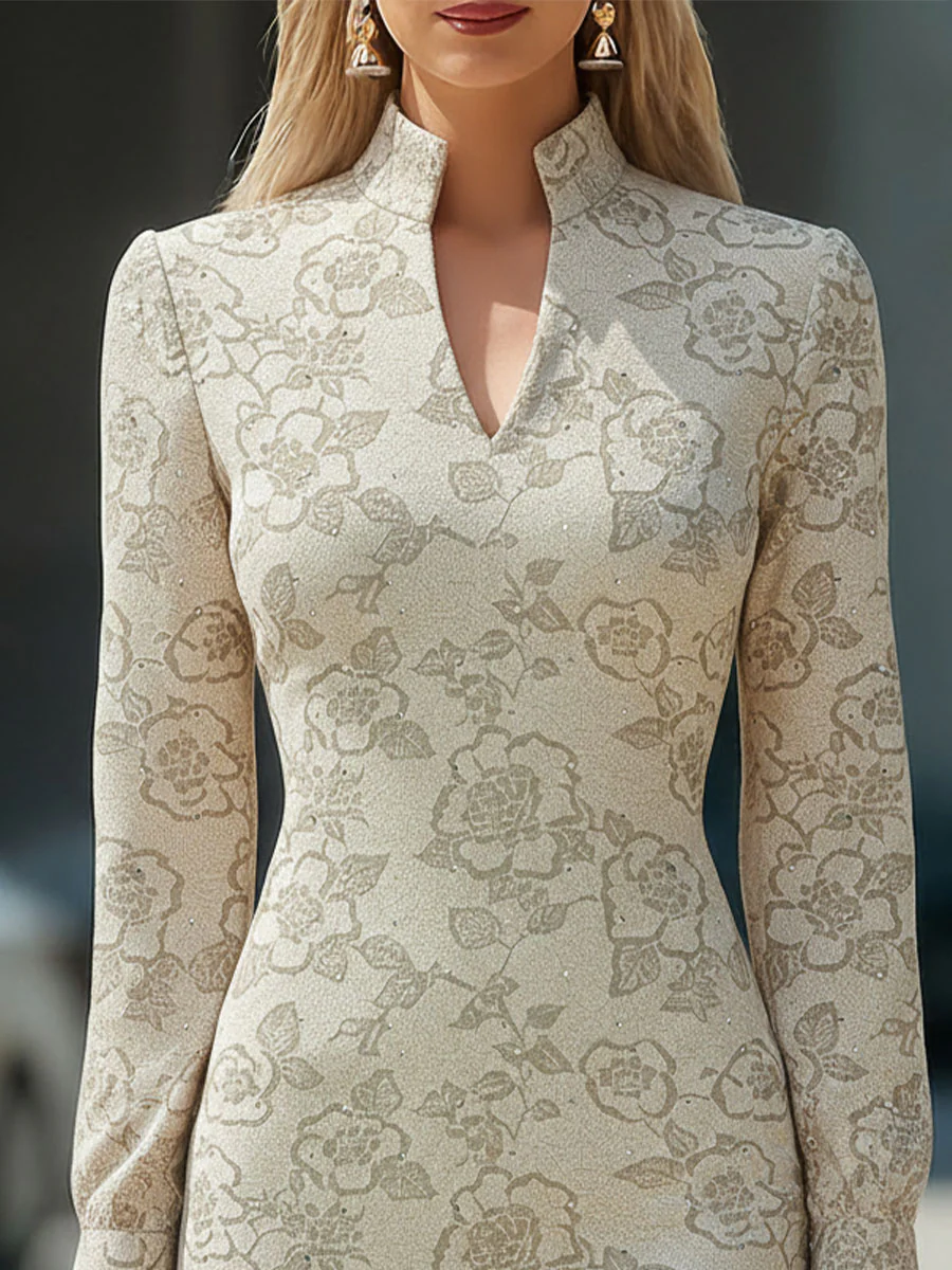 Elegant Beige Floral Midi Dress With Keyhole Neckline - Perfect For Stylish Occasions