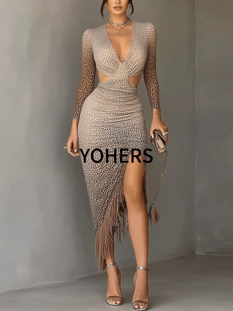 Brown Gradient Leopard Print Twisted Cutout Fringe Bodycon Dress