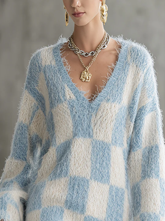 Fuzzy Blue And Cream Checkered Oversized Sweater Dress