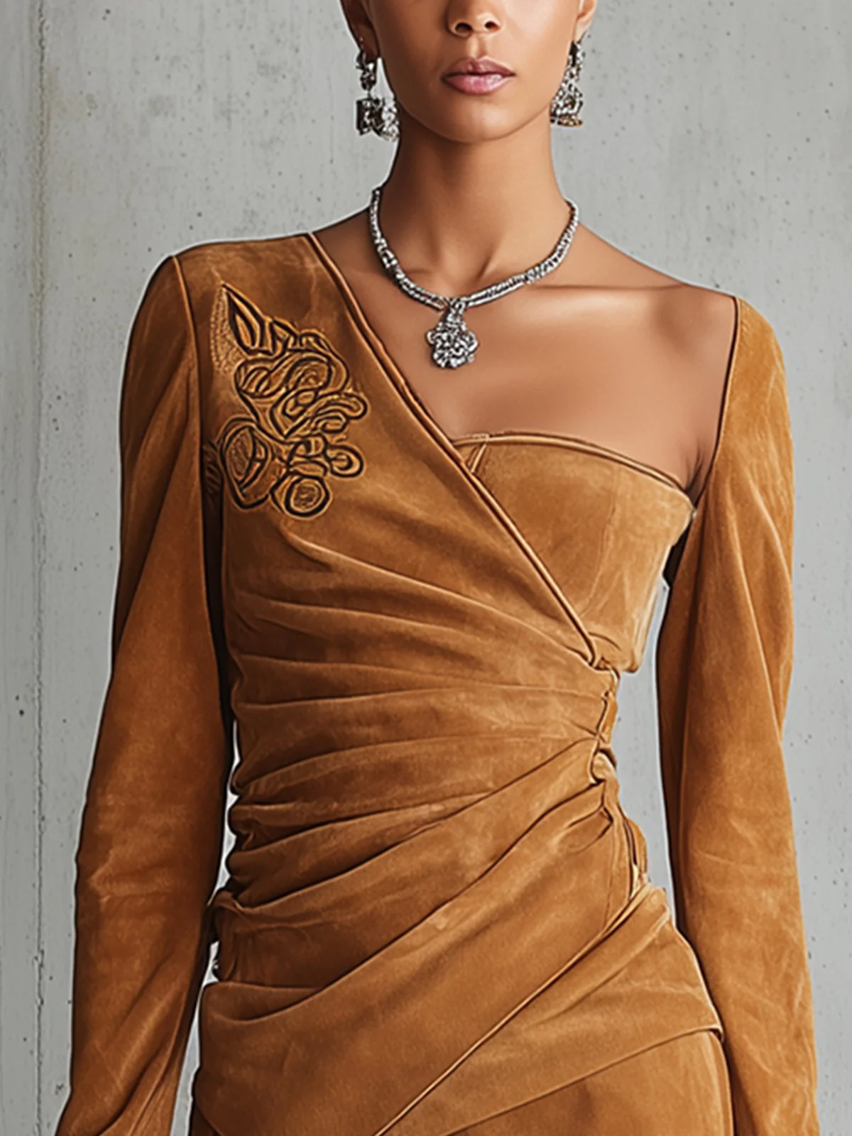 Caramel Faux Suede Asymmetric Mini Dress With Embroidered Detail
