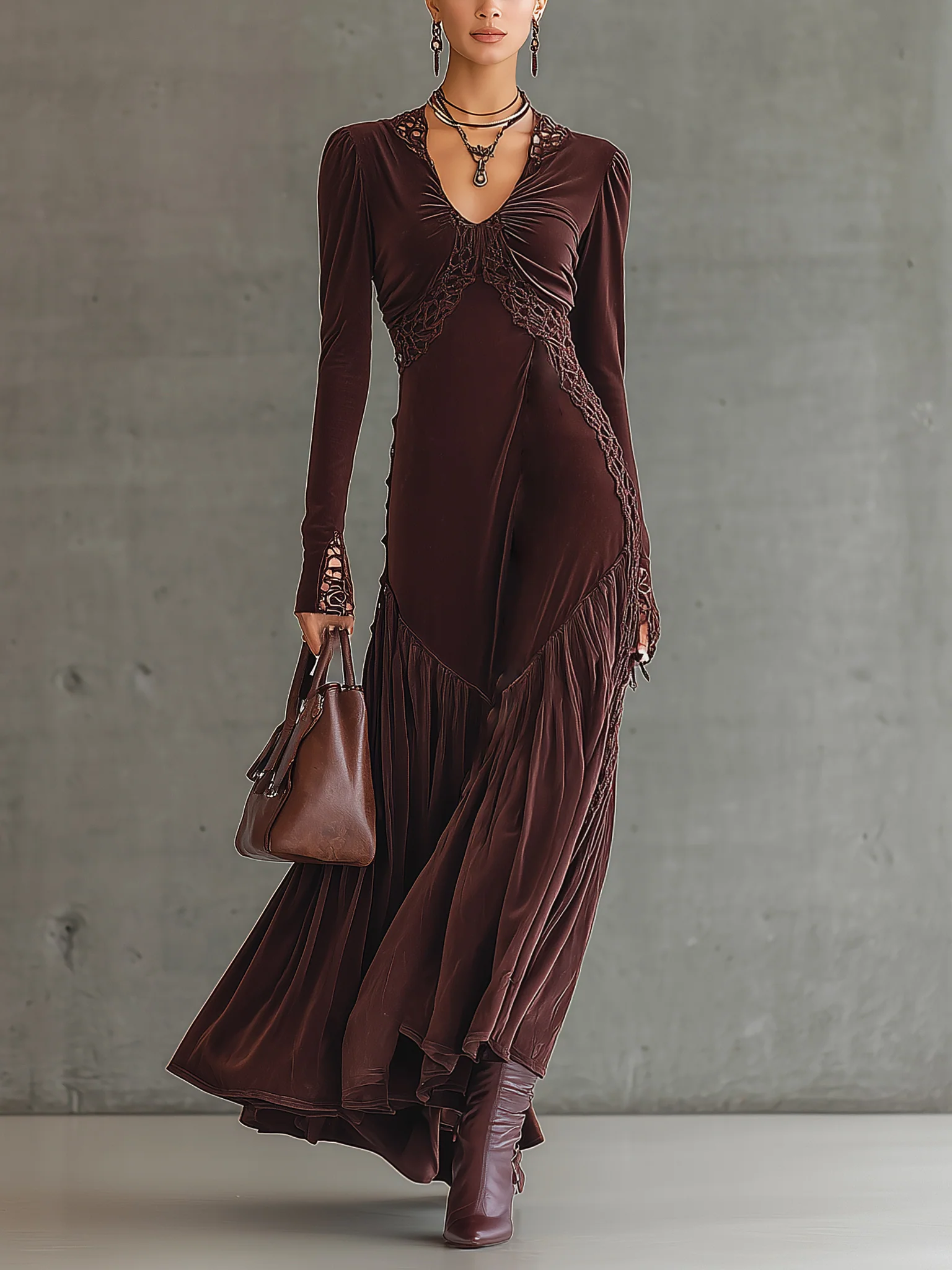 Burgundy Velvet Mesh Paneled Long Sleeve Maxi Dress