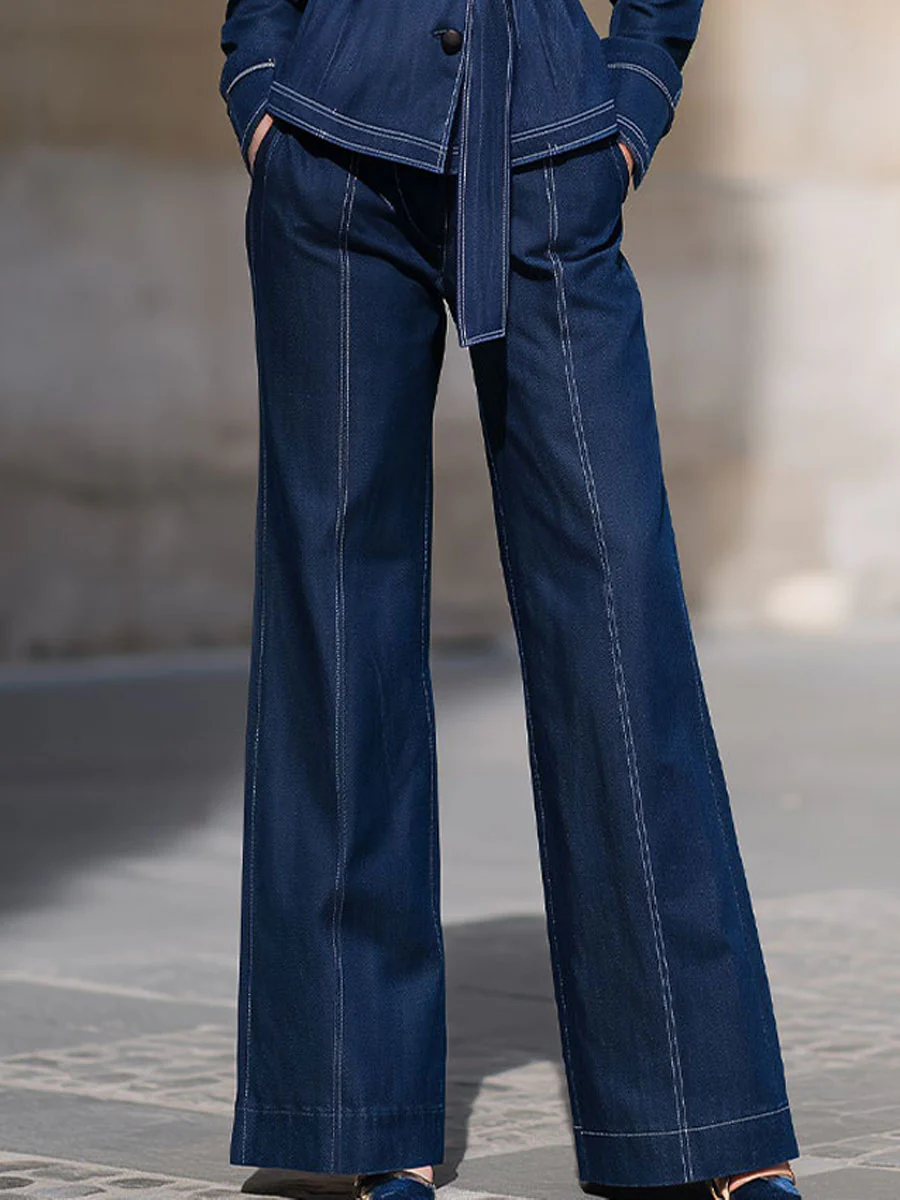 Mooyius Presents: Elegant Contrast-Stitch Denim Belted Suit Set For Modern Sophistication