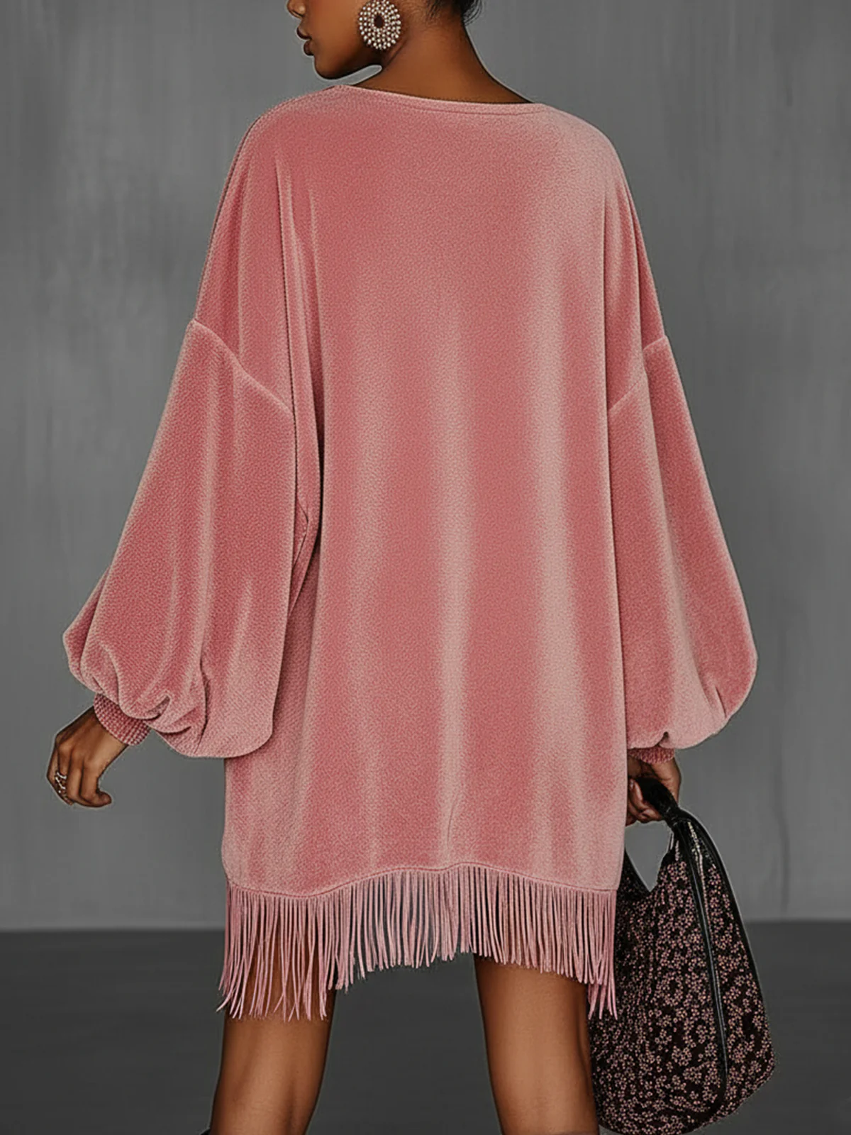 Oversized Pink Fringe Crew Neck Suede Dress