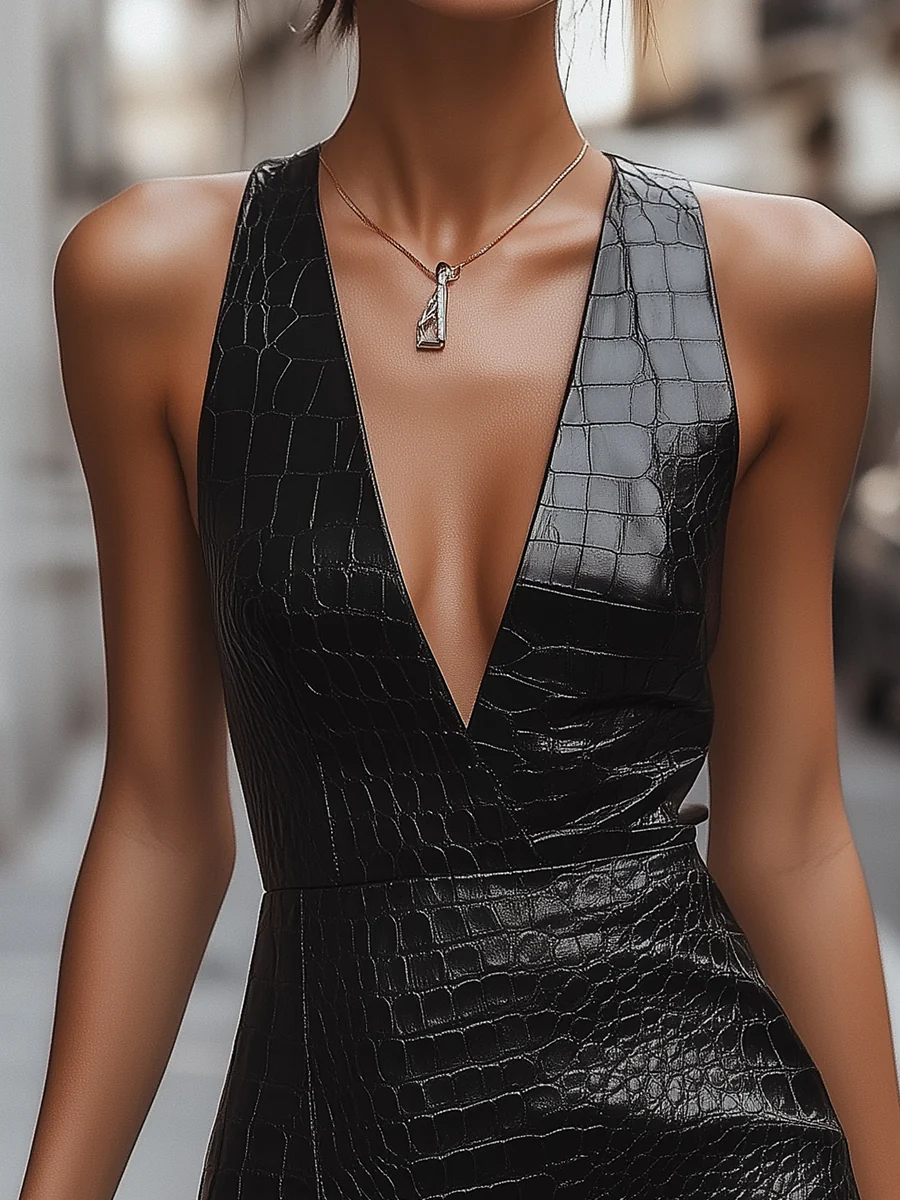 Bold Black Croc-Embossed Leather Mini Dress