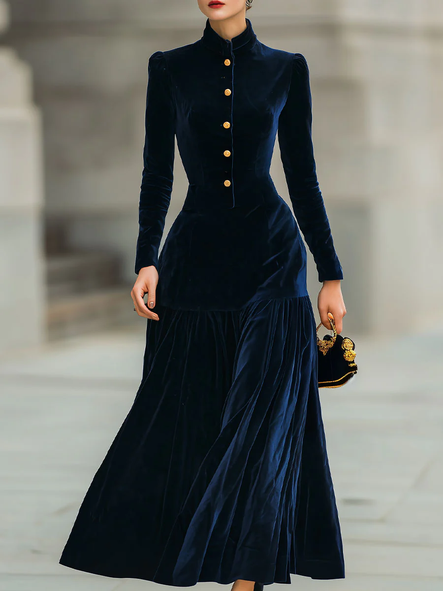 Regal Navy Velvet Dress With Pleated Hem