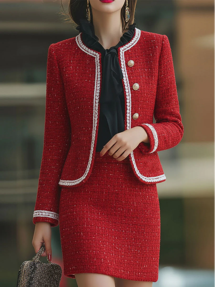 Red Tweed Contrast - Trim Skirt Suit