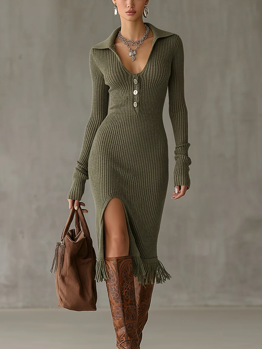 Olive Washed Knit Button Front Fringe Long Sleeve Bodycon Dress