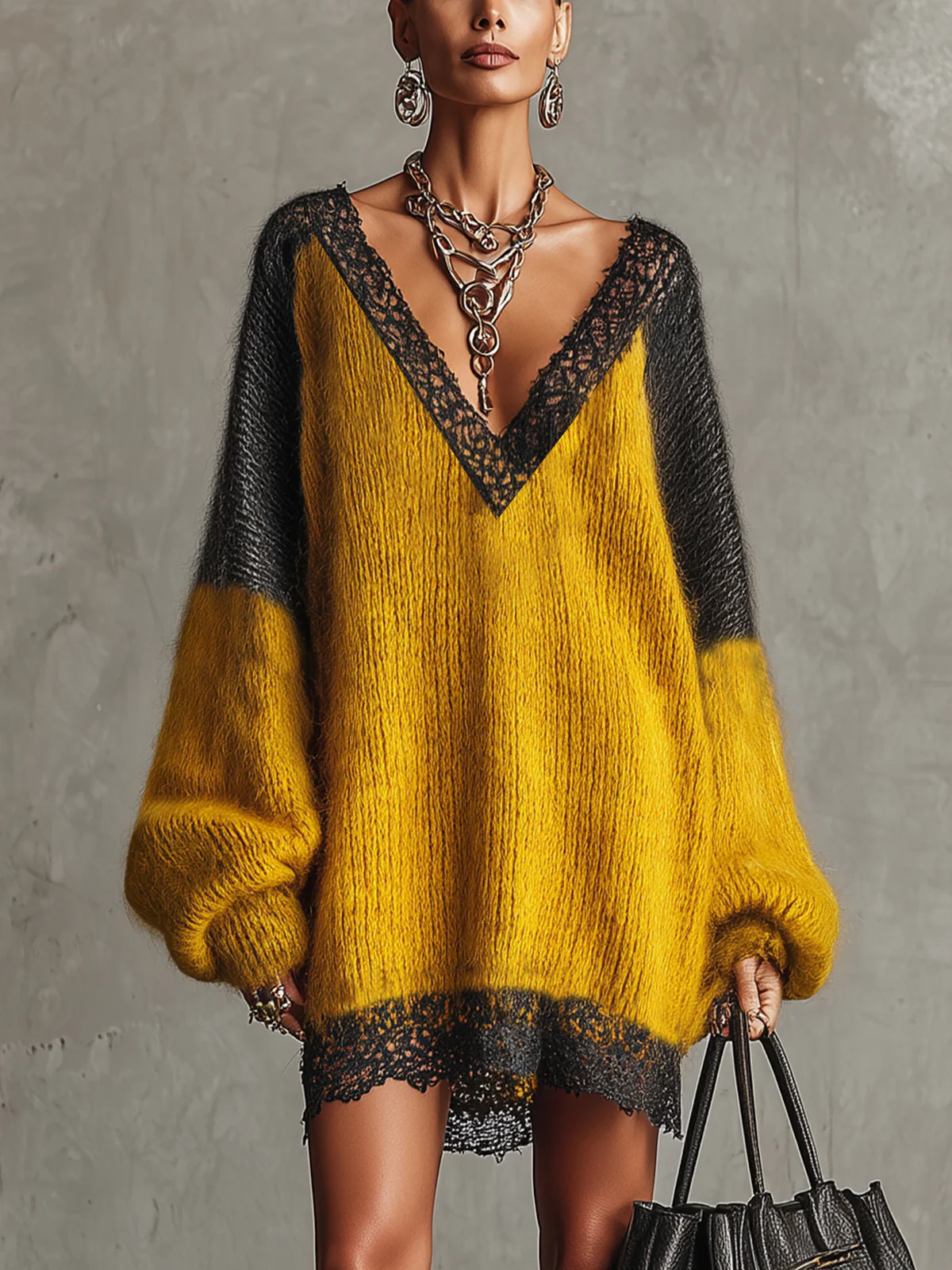 Yellow And Black Mohair Lace-Trimmed Oversized Sweater Dress