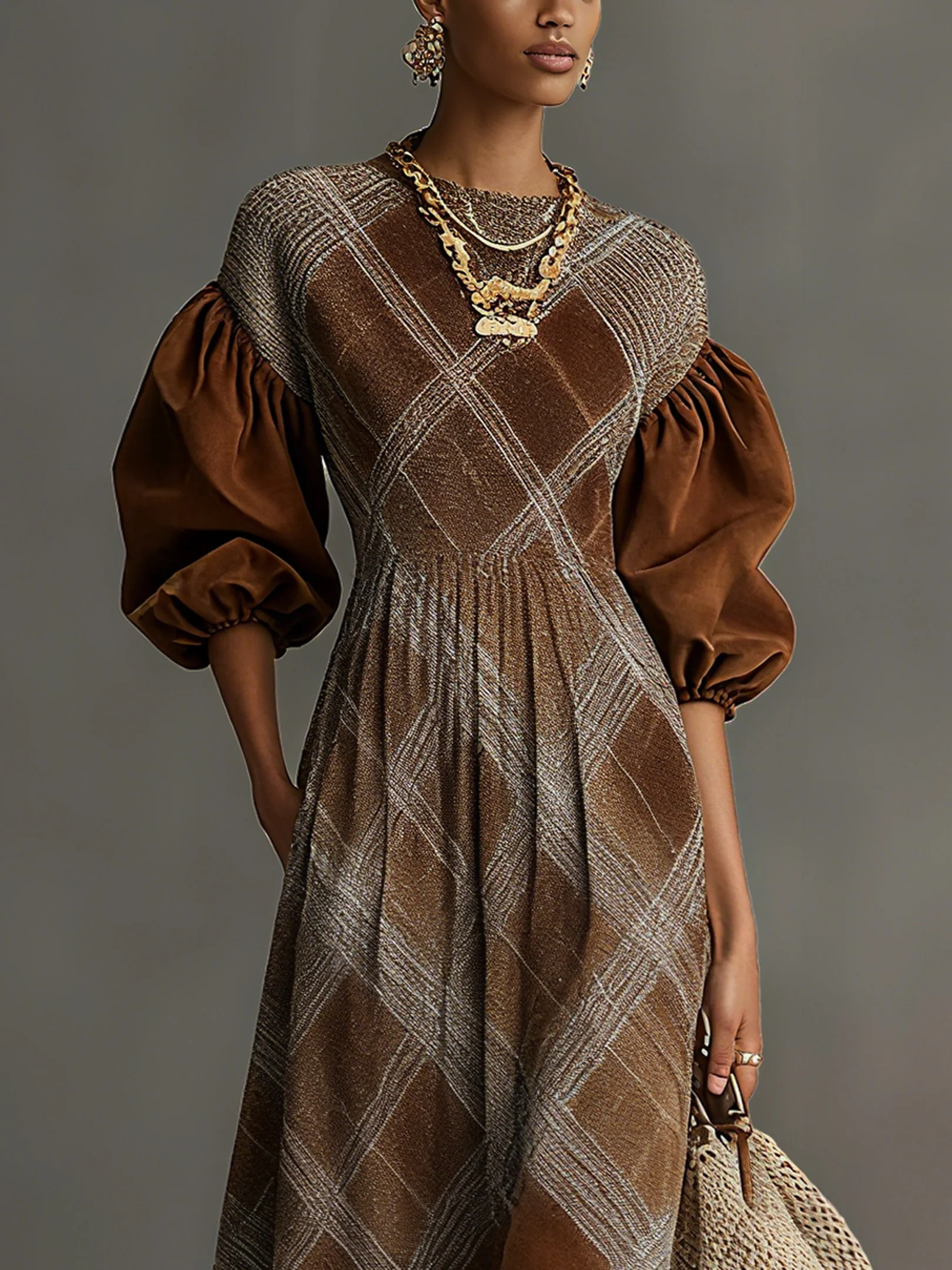 Brown Suede Plaid Puff Sleeve Midi Dress