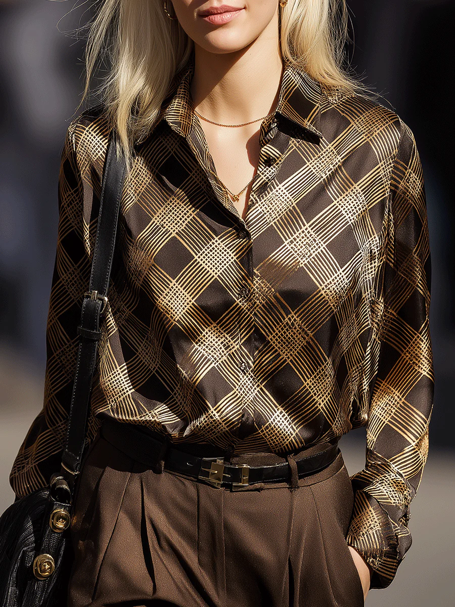 Brown And Gold Plaid Button-Down Shirt