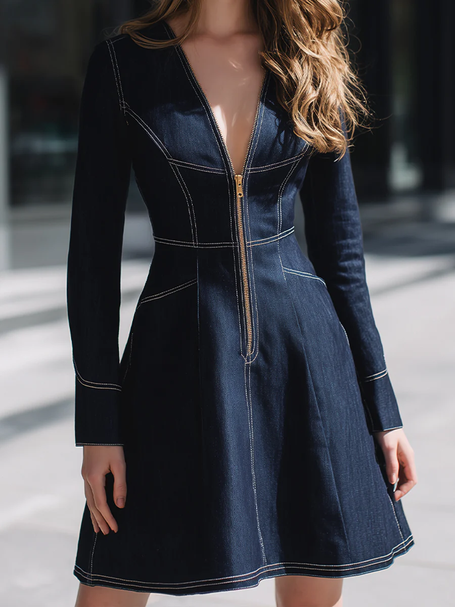 Deep V Denim Zip Dress