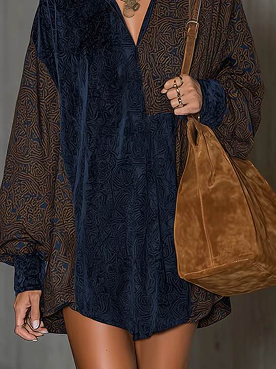 Navy And Cognac Patchwork Velvet Shirt Dress