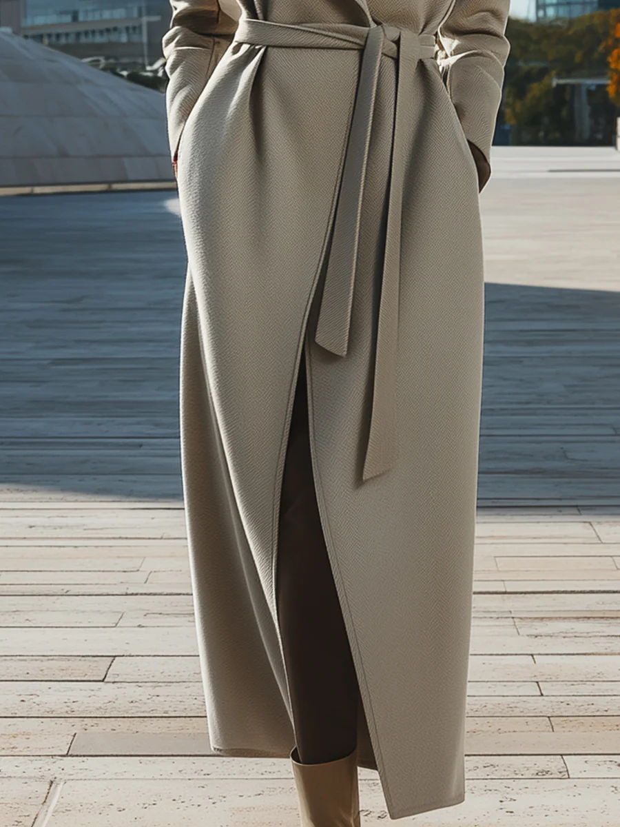 Light Grey Wrap Long Coat With Sculpted Lapels