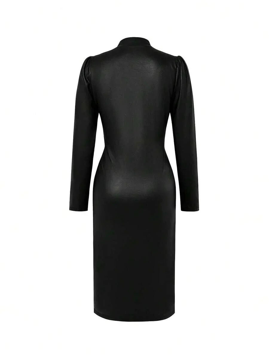 Black Faux Leather Wrap Midi Dress