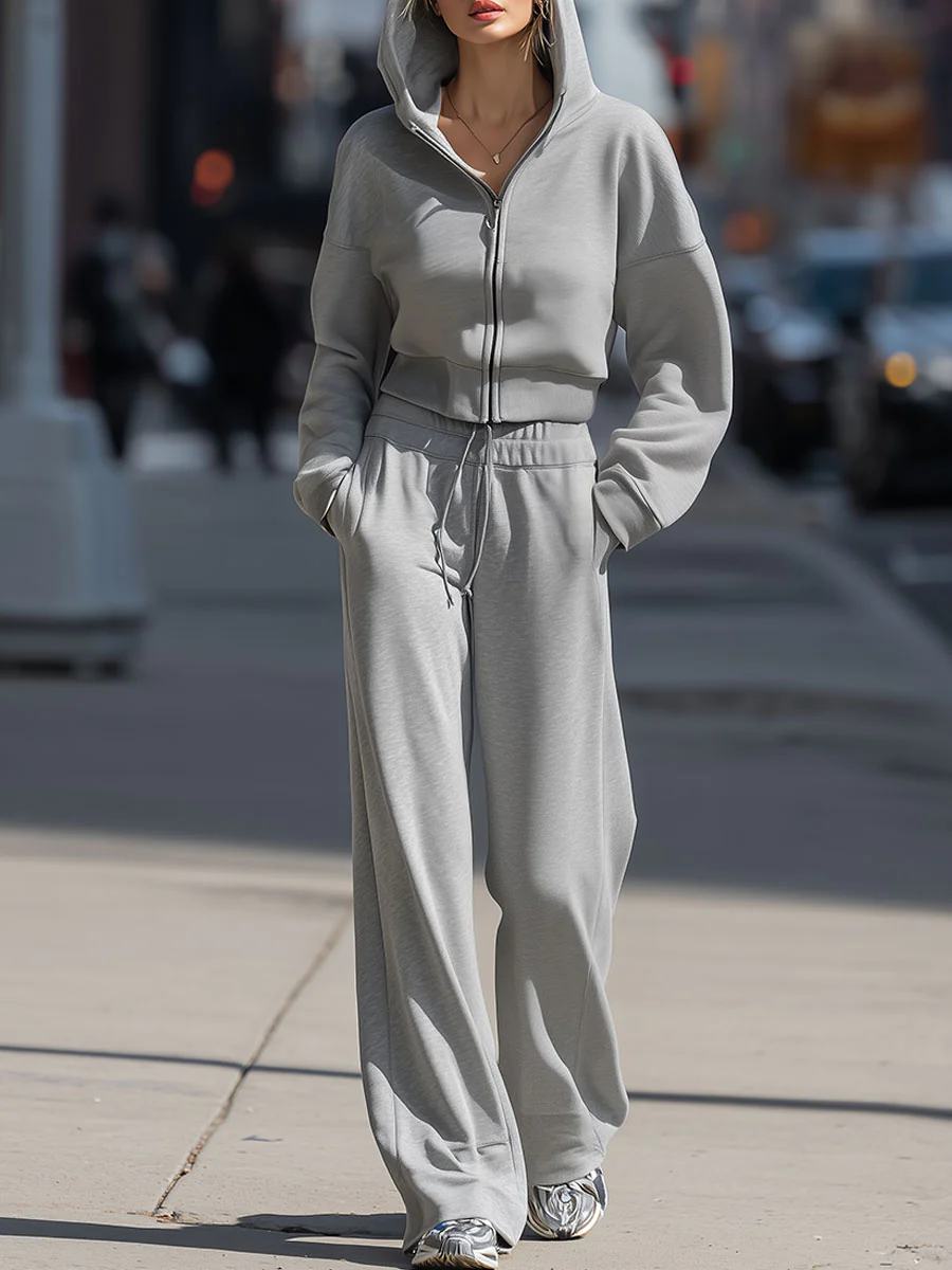 Cozy Gray Hoodie And Wide-Leg Pants Set