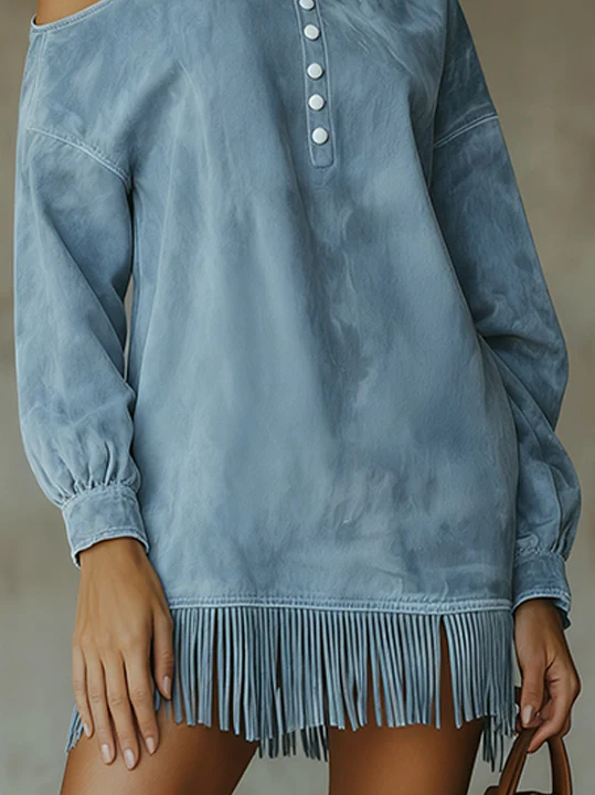 Blue Off-Shoulder Faux Suede Tunic With High Neck And Fringe Hem