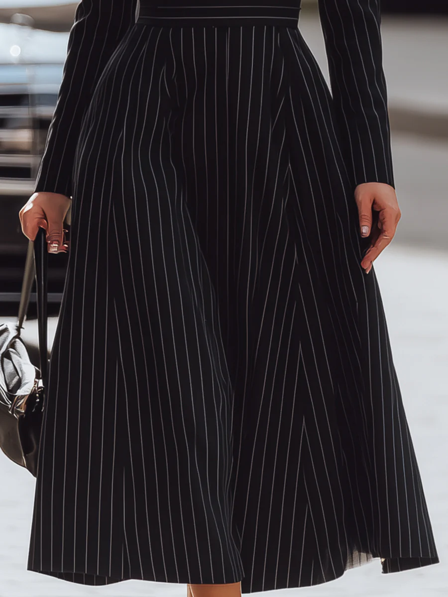 Black Pinstripe V-Neck Midi Dress