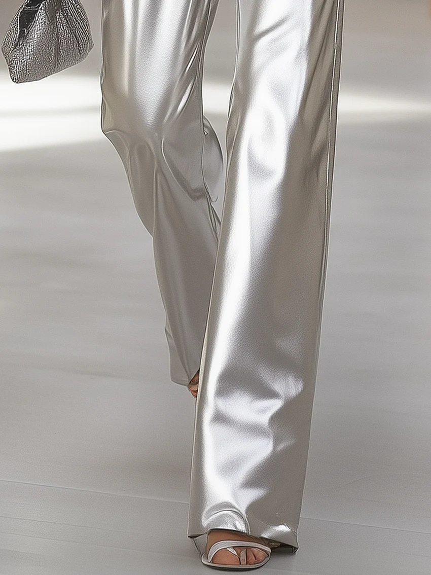 24-Hour-Shipping Fashion Glossy Silver Pants