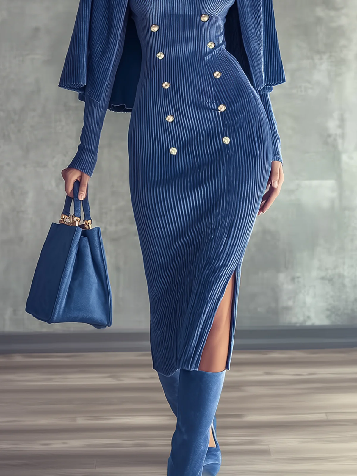 Blue Velvet Cape Bodycon Dress With Silver Button Detail