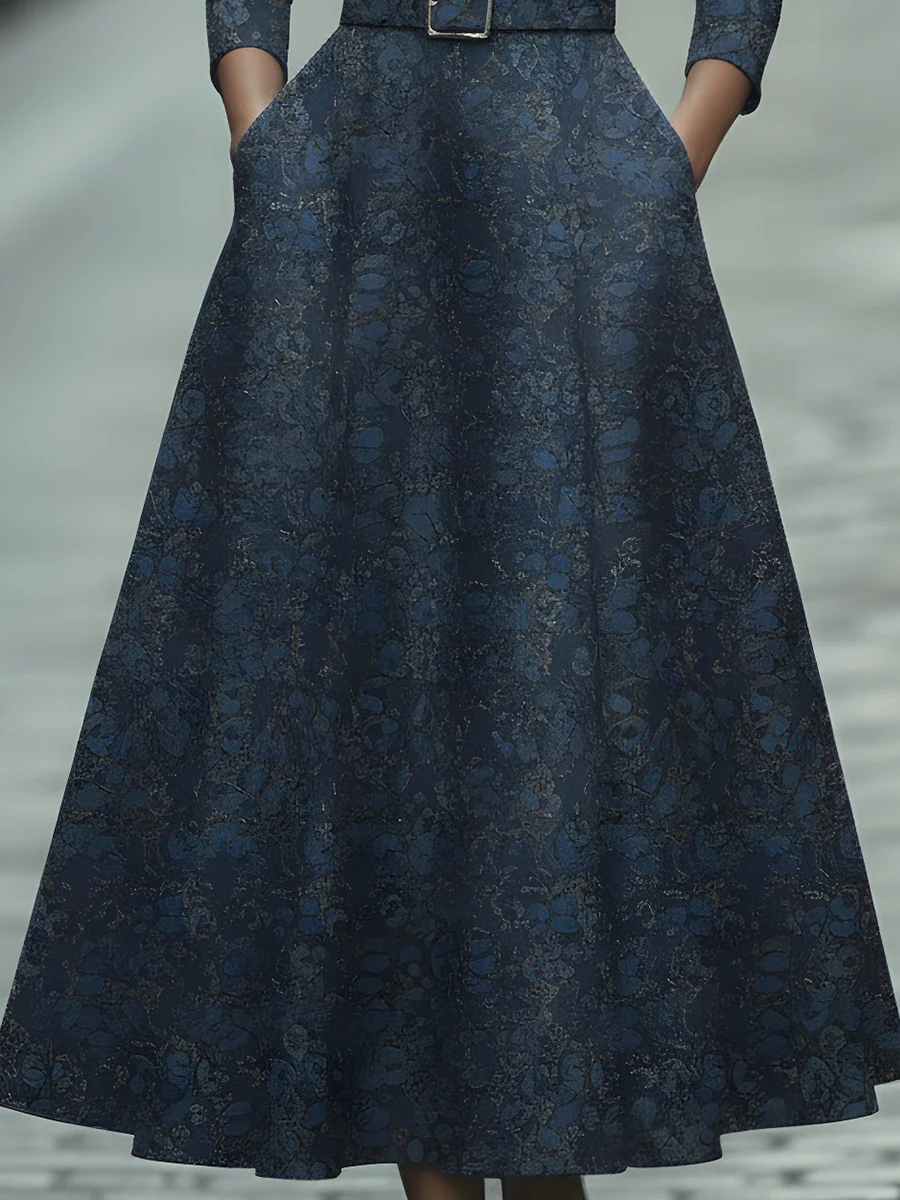 Navy Blue Floral Jacquard Belted Dress With V-Neckline